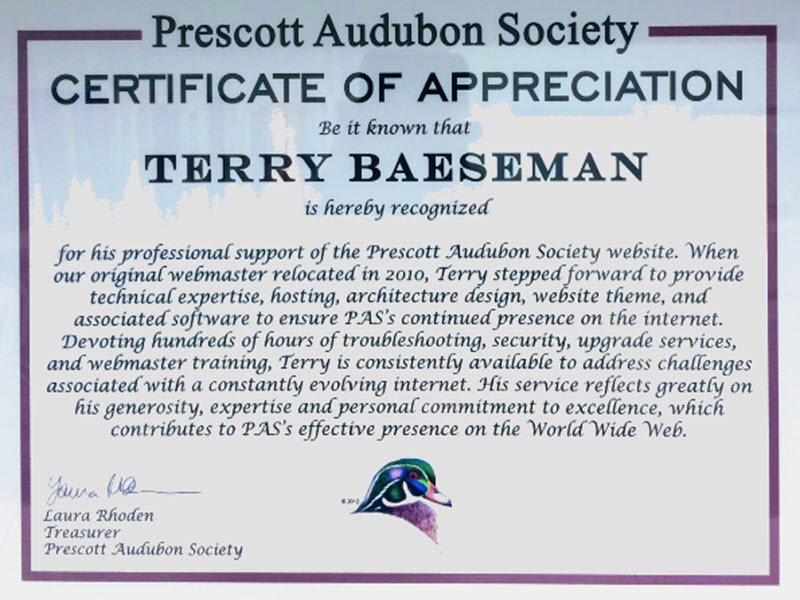 Prescott Audubon Certificate